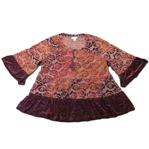 Velvet Burnout Roses Tunic Shirt 1X Wine Tassel Boho Whimsigoth Romantic Glam